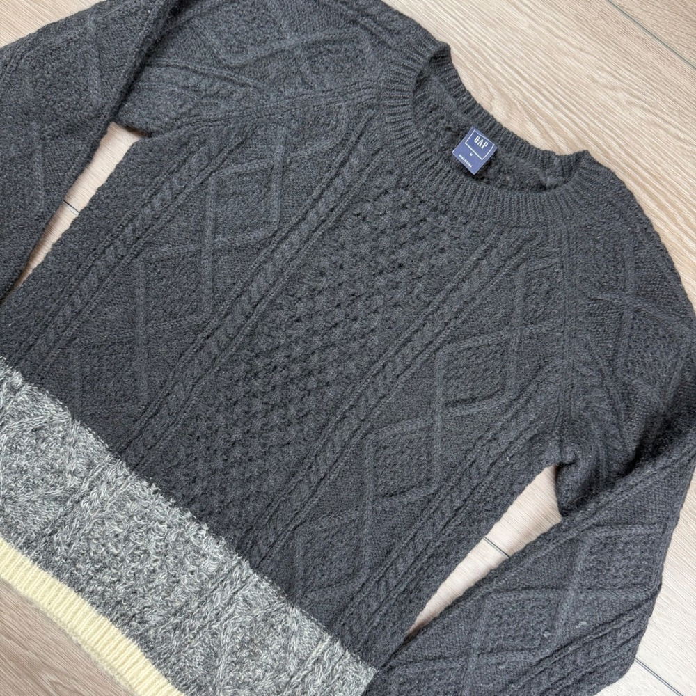 Gap Women Sweater Mohair Wool Blend Cable Knit Colorblock Black Grey Cream M